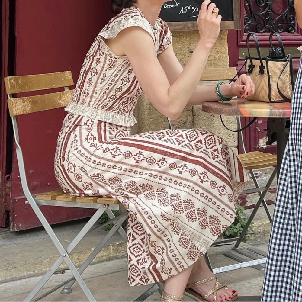Brown and White Midi Sundress with Cap Sleeves